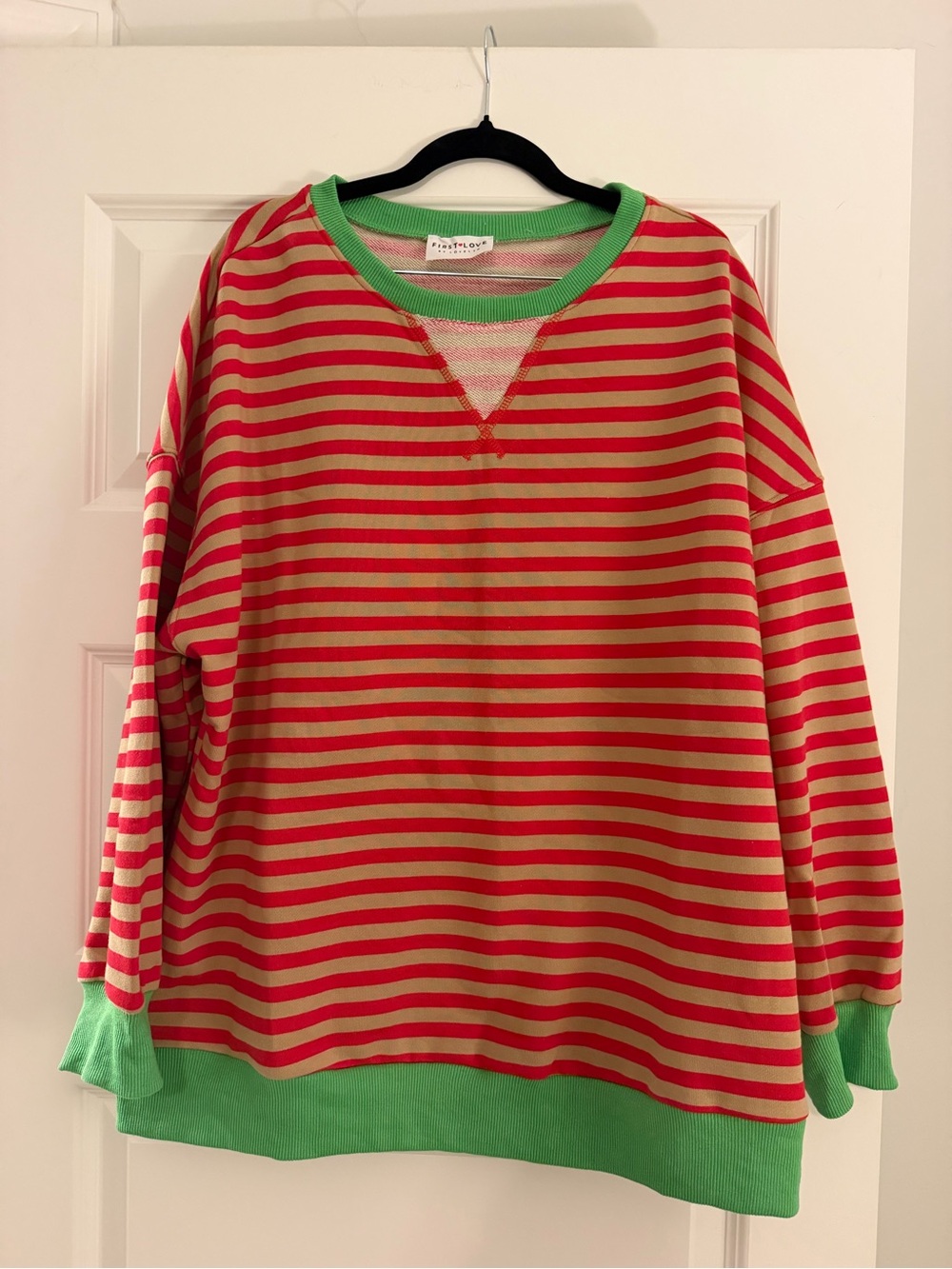 Striped Red and Tan Women's Top with Green Trim - Size L